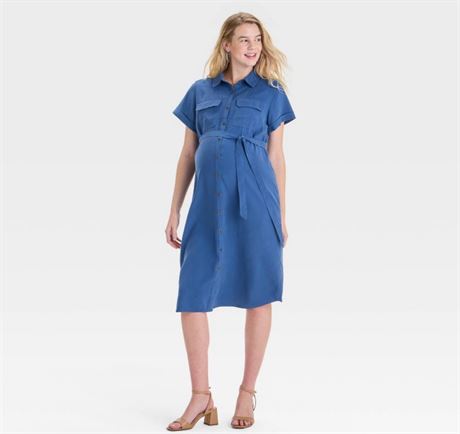 (L) Short Sleeve Midi Maternity Shirtdress -