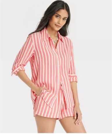 (S) Women's Gauze Long Sleeve Collared Shirt