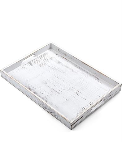 21 Inch Rustic White Serving Tray with Handles