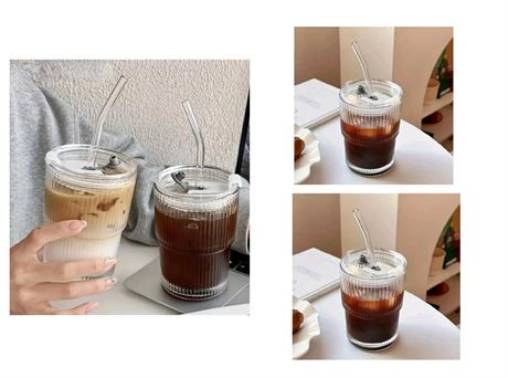 Set of 4 Iced Coffee Cups with Lids and Straws